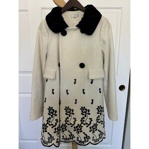 Campaigns Ivory Wool Coat Black Floral Embroidery Velvet Collar Boho Regencycore